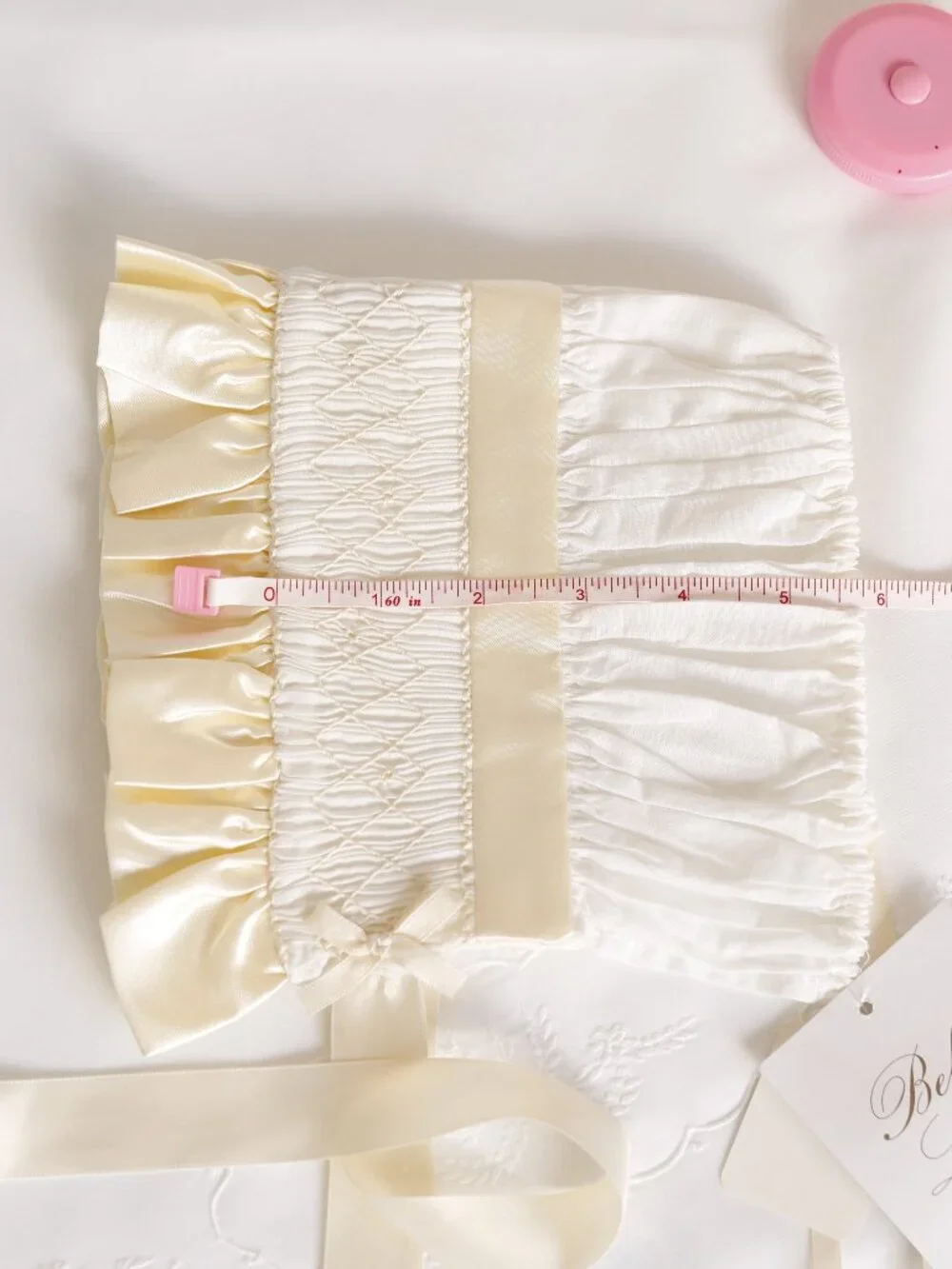 Strasburg White Smocked Bonnet w/ Ivory Satin Trim RARE FIND Special Occassion